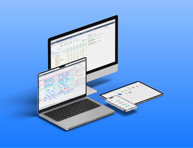 Timegrip auf Desktop, Laptop, Tablet und Smartphone – eine Darstellung flexibler projektbasierter Zeiterfassung, intelligenter Zeitplanung und übersichtlicher Einsatzplanung auf allen Geräten.
