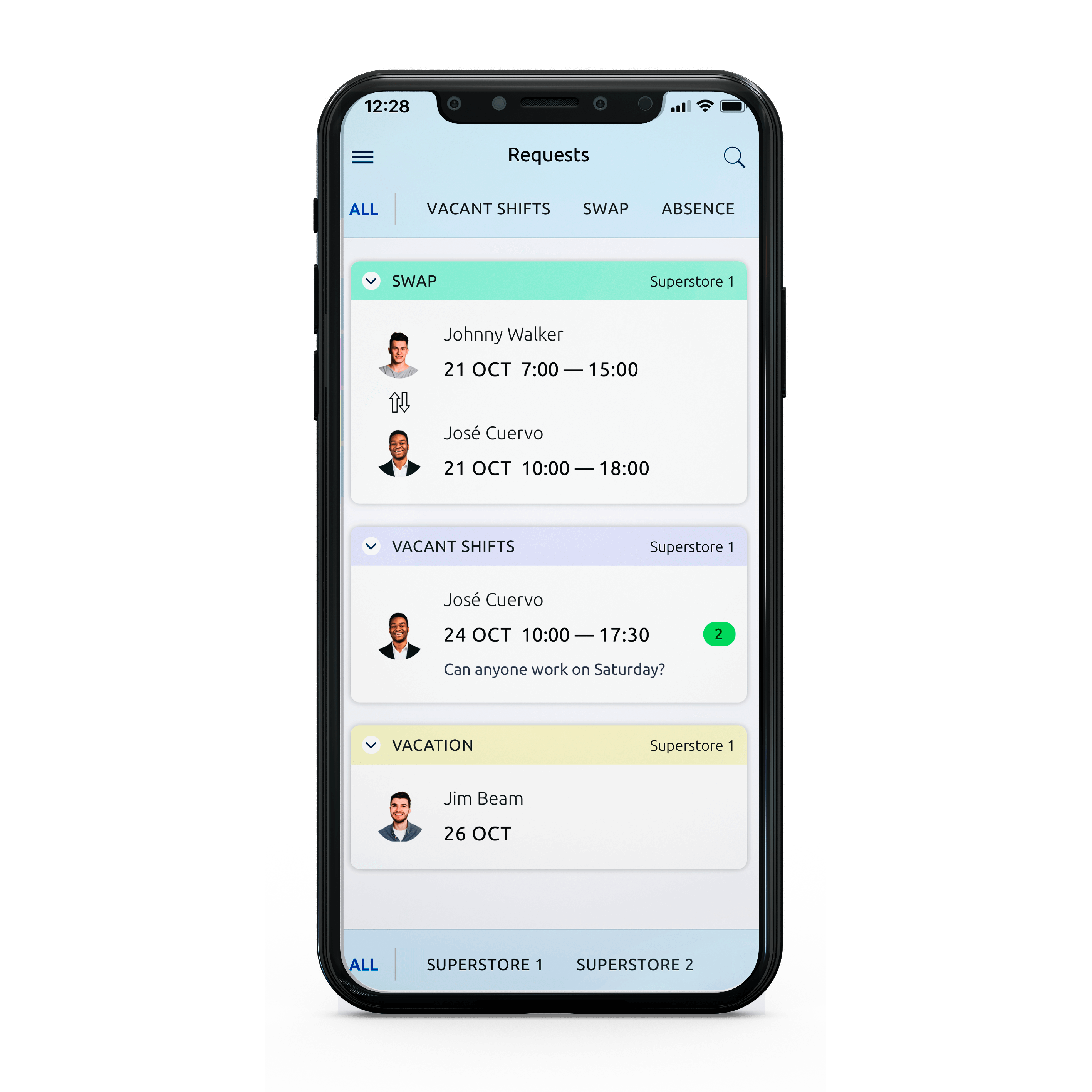 Smartphone mit der Timegrip-App, die Aufgabenabläufe, Dienstanfragen und Arbeitszeiten anzeigt – ein Symbol für projektbasierte Zeiterfassung und flexible Personalplanung.