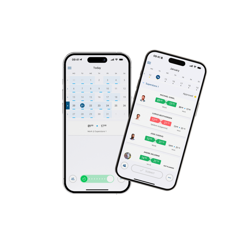 Zwei Handys zeigen die Timegrip-App aus der Sicht einer Personalleitung und verdeutlichen die übersichtliche und benutzerfreundliche Platform, die Timegrip zu bieten hat. 
